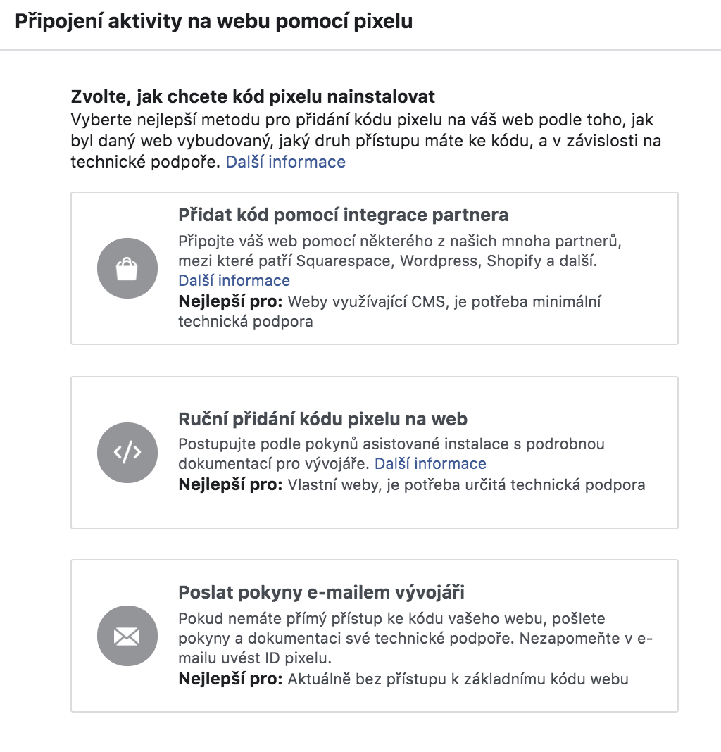Facebook pixel - výběr z možností instalace